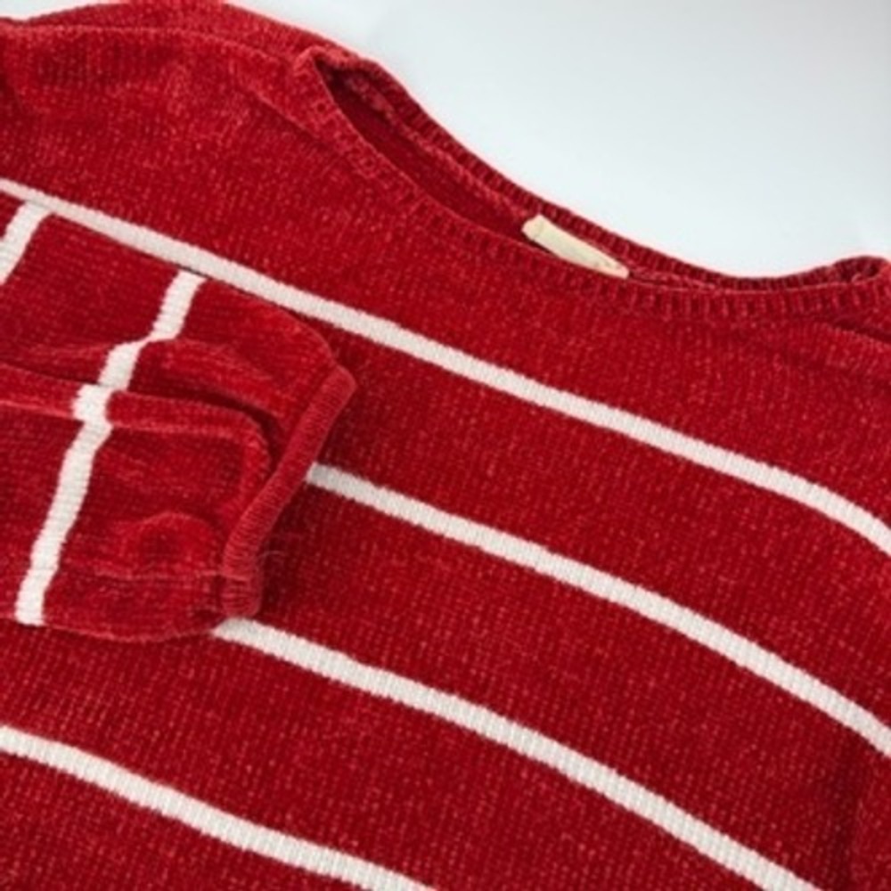 Double‎ Zero Red White Striped Chenille Cropped Sweater Balloon Sleeve Large